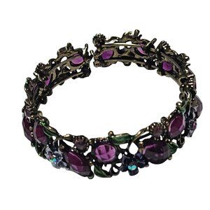 Vintage Purple Green Crystal Bangle Gold Tone Floral Accents Elegant Jewelry